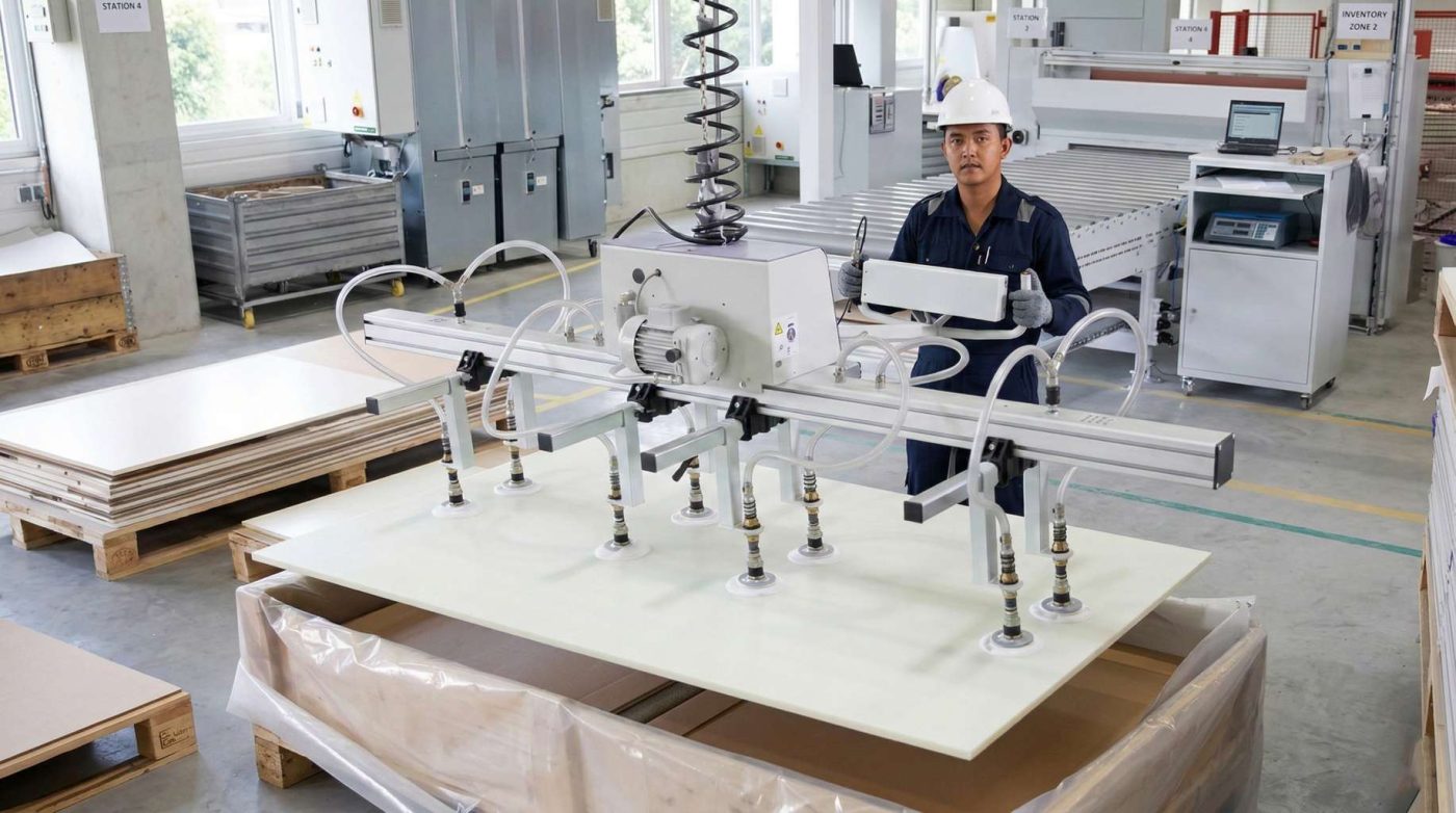 vacuum lifter handling large metal sheet in manufacturing factory