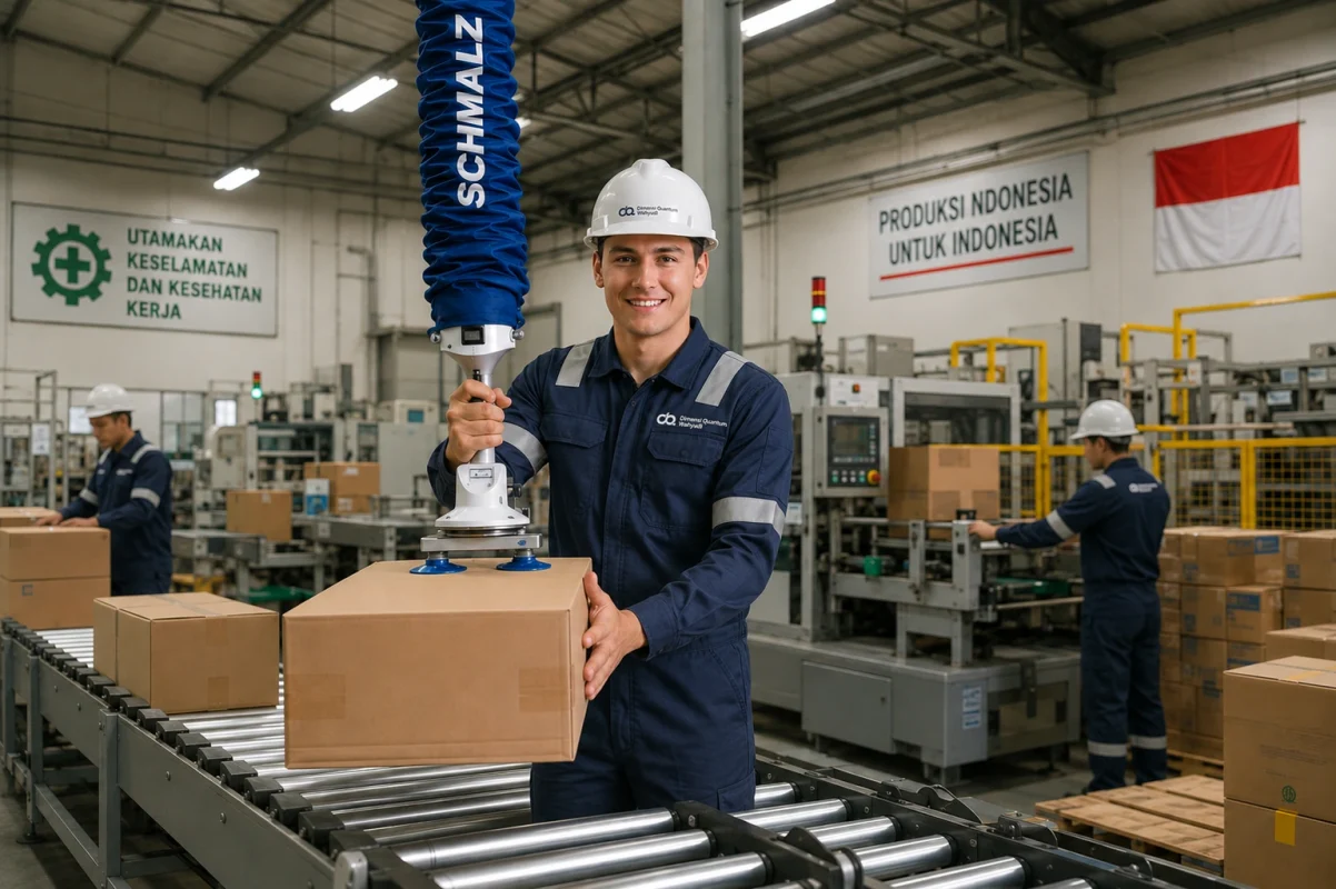 Schmalz JumboFlex vacuum lifter digunakan untuk memindahkan kardus di area logistik dan pengemasan secara ergonomis