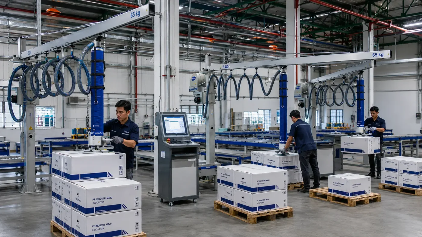 Penggunaan beberapa jib crane di area produksi untuk memindahkan material secara efisien dan ergonomis.