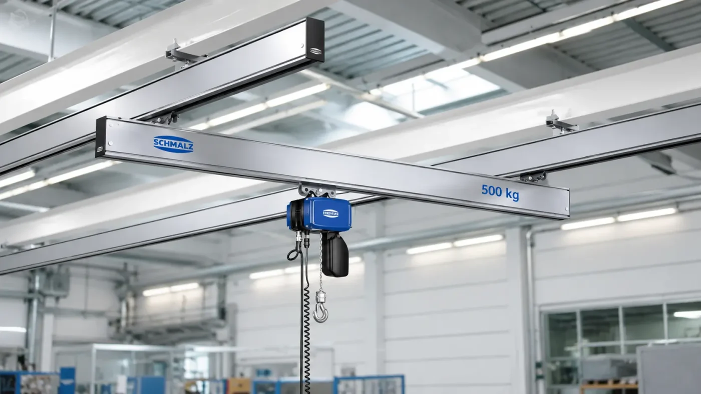 Jib crane Schmalz dengan kapasitas angkat 500 kg untuk aplikasi material handling di lingkungan industri.