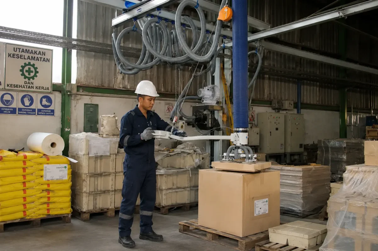 sistem overhead crane dengan vacuum lifter Schmalz untuk handling beban berat di industri manufaktur