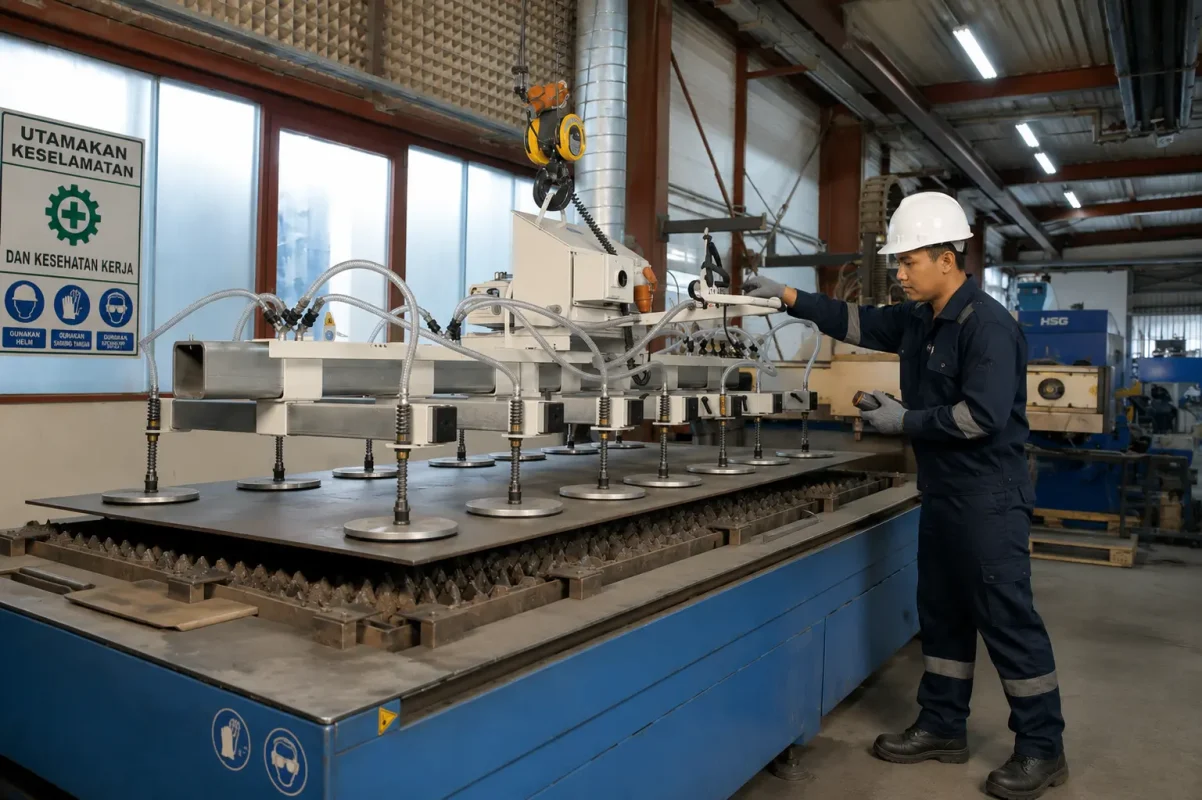 VacuMaster Vario Schmalz dipasang pada overhead crane untuk mengangkat beban hingga 2.000 kg