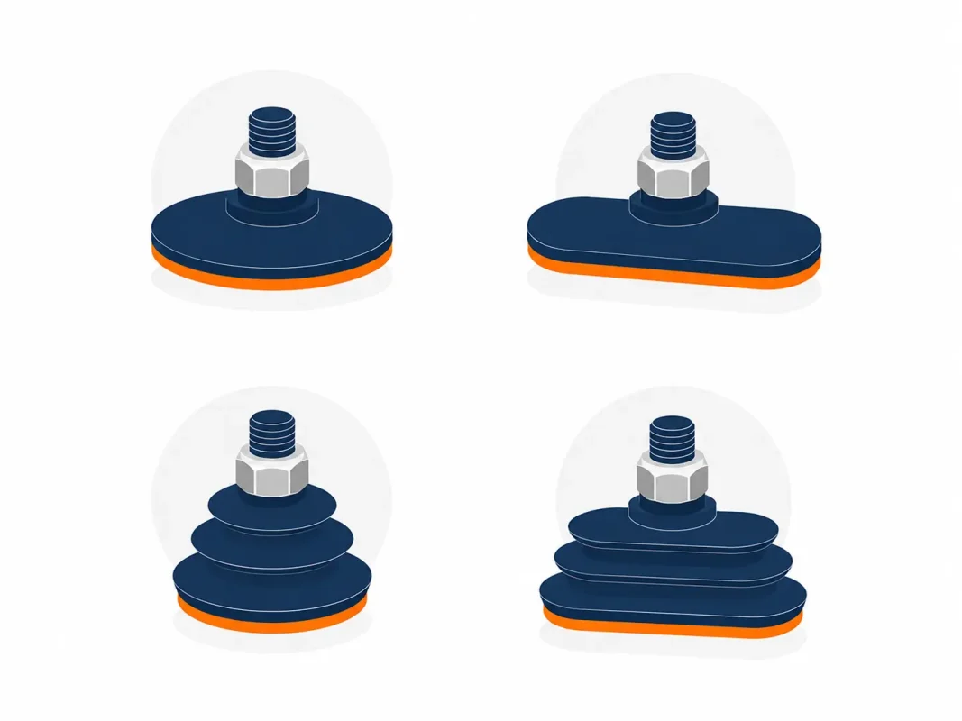 Infografis 4 jenis suction cup vacuum: flat bulat, flat oval, bellows bulat, dan bellows oval